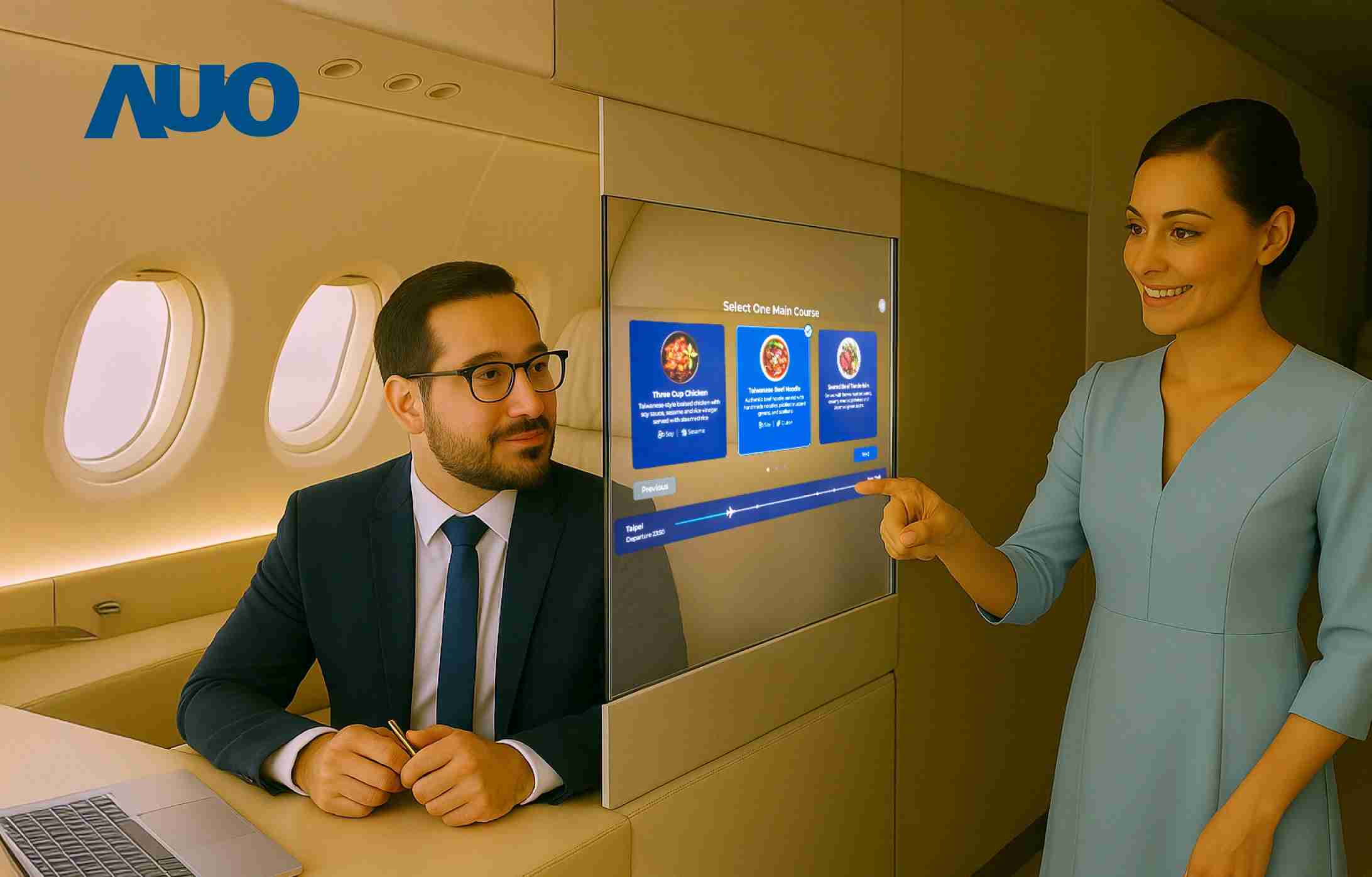 z6尊龙研发全球最薄17.3 吋双面透明 Micro LED 显示器，，，，可在同一屏幕之双边投射不同信息，，创造独特的”透明化”互动；图为实时翻译交流应用情境